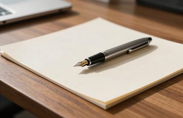 Close-up of a professional desk in a modern Brazilian office. A fountain pen rests on a thick cream-colored paper report. Soft natural sunlight illuminates the wood grain, suggesting strategic planning and depth of knowledge. Elegant, institutional style.