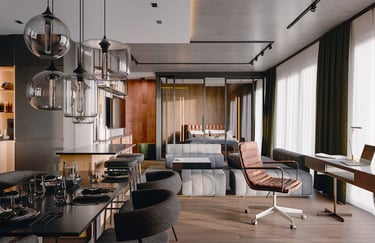 An image of an interior shown in rendered view on the computer in Blander.