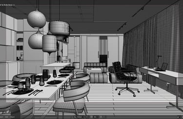 An image of an interior shown in wireframe view on the computer in Blander.