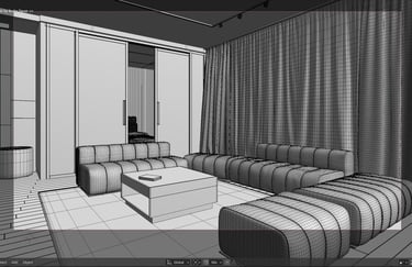 An image of a living room shown in wireframe view on the computer in Blander.