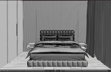 An image of a bedroom shown in wireframe view on the computer in Blander.