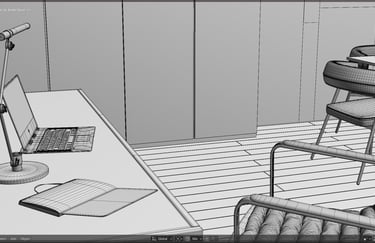 An image of a desk and office chair shown in wireframe view on the computer in Blander.