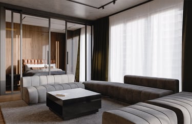 An image of a living room shown in rendered view on the computer in Blander.