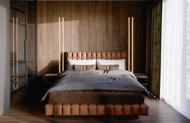 An image of a bedroom shown in rendered view on the computer in Blander.