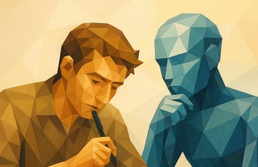 Writer with AI metaphorical art used for education in a writing masterclass course on Udemy.