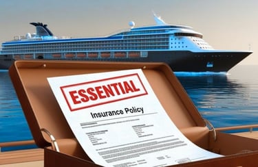 Mala de viagem em destaque com apólice de seguro visível, e navio de cruzeiro ao fundo 