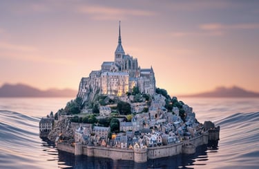 a small island mont saint michel in france with a castle on top of it
