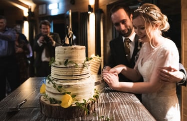 a bride and groom cutting their wedding cake