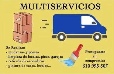 Tarjeta de presentación de multiservicios. Furgoneta, brocha de pintura y datos