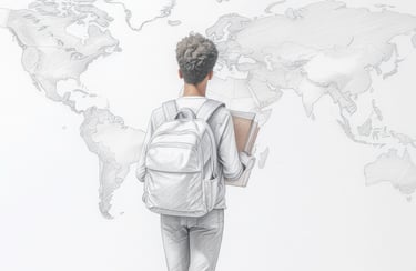 Male student looking at a world map on a wall