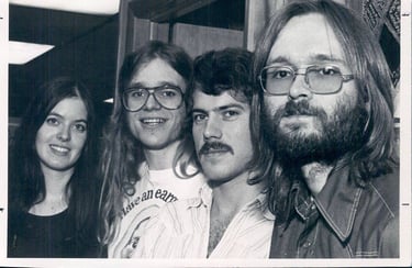 Disc jockeys at WCMF, Rochester, NY. Late 197. Suzanne King, Paulus, Chuck Ingersoll, Bernie Kimble.