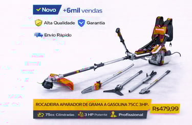 Roçadeira e aparador de grama a gasolina 75cc 3HP profissional com acessórios e mochila.