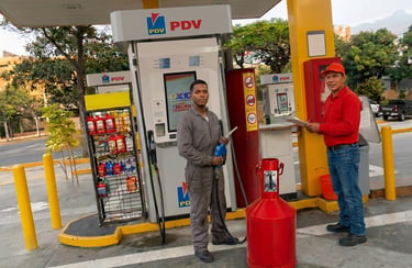 Técnico de Petrosur C.A. realizando calibración de medidor con cántara en estación de servicio Venez