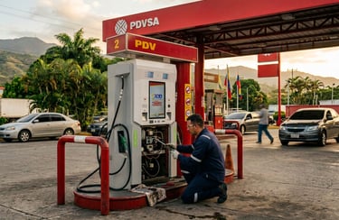 Técnico de Petrosur C.A. realizando mantenimiento y reparación de surtidor dispensador en estación d