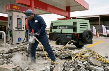 Técnico de Petrosur C.A. operando compresor Sullair para remodelación de estación de servicio Venezu