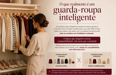 mulher organizando guarda roupa inteligente com roupas que combinam entre si e estilo pessoal funcional