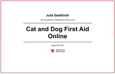 a certificate from the American Red Cross for Cat and Dog First Aid awarded to Julia Goldhirsh