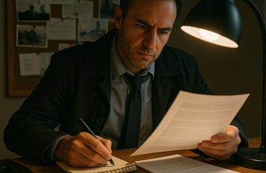 A serious detective reviews case files and takes notes at a desk under a lamp.