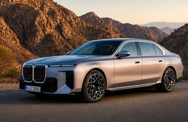 BMW Série 7 2027 parado em estrada de montanha com design imponente e acabamento de luxo