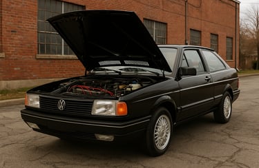 Volkswagen Santana prata clássico com capô aberto exibindo motor AP, estacionado em área externa