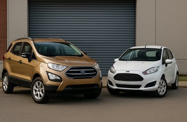 Ford EcoSport dourado e Ford Ka branco lado a lado em cenário urbano, com margens sobrando nas later