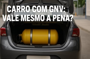 Porta-malas aberto de um carro popular seminovo com cilindro de GNV amarelo instalado de forma profi