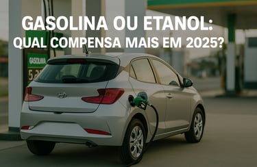 Hyundai HB20 prata abastecendo em um posto de combustível, com visão traseira lateral. A bomba exibe