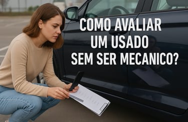 "Mulher jovem agachada ao lado de um carro usado azul escuro, examinando o alinhamento dos pneus com