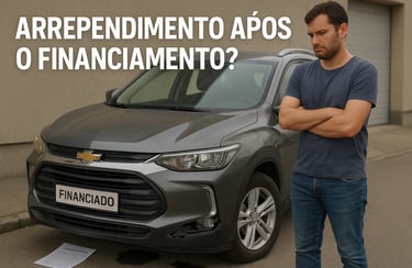 "Jovem ao lado de um Chevrolet Tracker 2022, com expressão de arrependimento após o financiamento, s