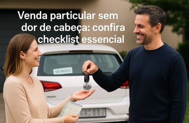 Homem entrega chave de carro para mulher sorridente com adesivo “VENDIDO” e documento na mão.