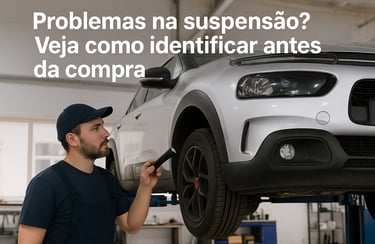 Mecânico inspeciona suspensão de SUV em elevador com lanterna em oficina limpa e organizada.