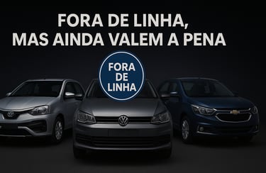 Três carros fora de linha — Toyota Etios, Volkswagen Fox e Chevrolet Cobalt — alinhados lado a lado 