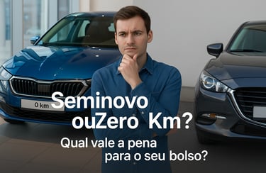 Homem pensativo entre dois carros, um novo em uma concessionária com placa “0 km” à esquerda e um se