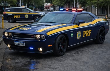 carro de polícia esportivo no Brasil modelo Dodge Challenger da PRF em rua urbana com viatura ao fun