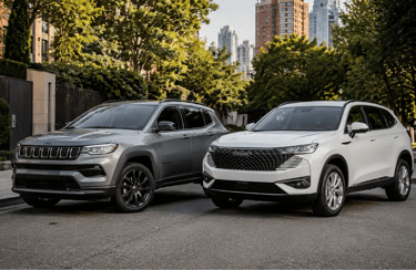 Jeep Compass Longitude e GWM Haval H6 HEV estacionados em cenário urbano