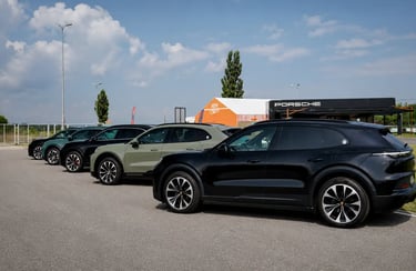 Linha de Porsche Cayenne elétricos estacionados durante apresentação da nova geração