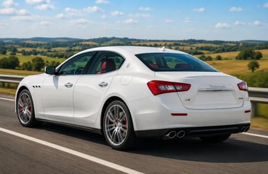 Maserati Ghibli branco em rodovia com campo ao fundo visto em ângulo traseiro esportivo