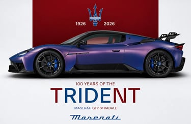Maserati 100 anos com GT2 Stradale e logo Tridente campanha 2026