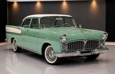 Simca Chambord verde em showroom com piso brilhante e iluminação suave