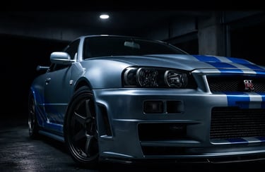 skyline do brian Nissan GT-R R34 com kit C-West em garagem escura