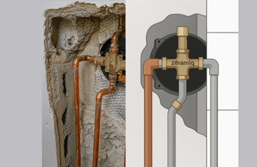 Detalle del mecanismo interno de un monomando de ducha, con las conexiones expuestas.