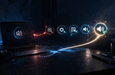 Fluxo de trabalho digital exibindo ícones de solução de problemas de áudio na tela 