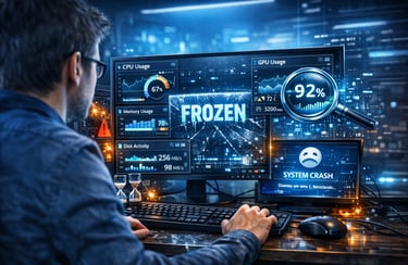 Um usuário de computador tentando solucionar um travamento do sistema com altas métricas