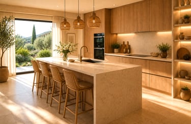 Cuisine moderne sur mesure avec îlot central, plan de travail en pierre et finitions haut de gamme.