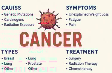Infographic showing cancer causes, symptoms, types, and treatment options with a red cancer cell ill