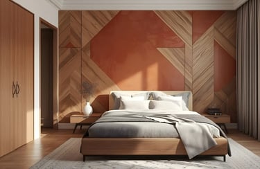 Bedroom wall colour combination blending terracotta shades with wooden textures