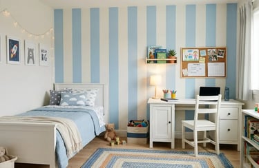 Modern kids bedroom featuring blue striped wallpaper, a white wooden bed, and a functional study desk.