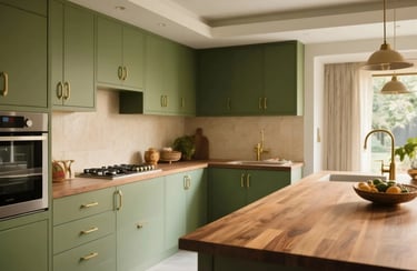 Soft sage & cream kitchen with oak shelves and a calm vibe.