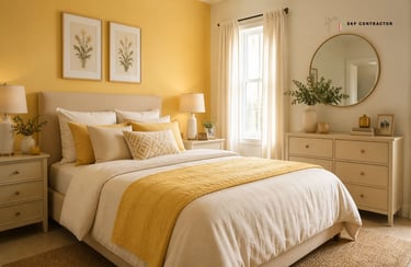 Modern bedroom interior with yellow accent wall, beige bedding, and white dresser under a round gold mirror.