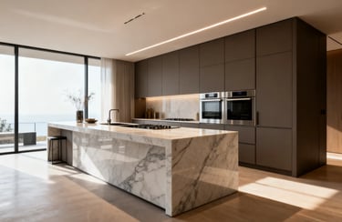 Modern luxury kitchen featuring a marble waterfall island and sleek brown minimalist cabinetry.